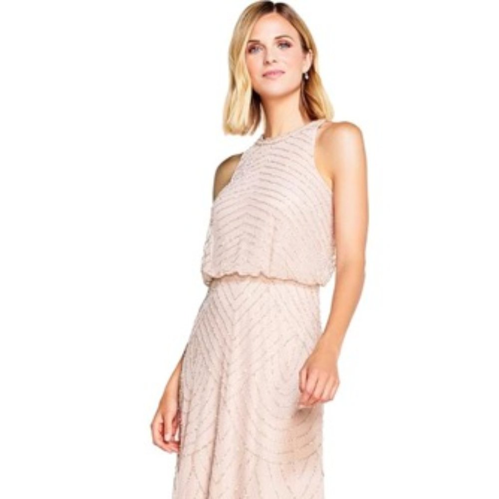 Adrianna Papell Women's Halter Art Deco Beaded Blouson Dress in Blush